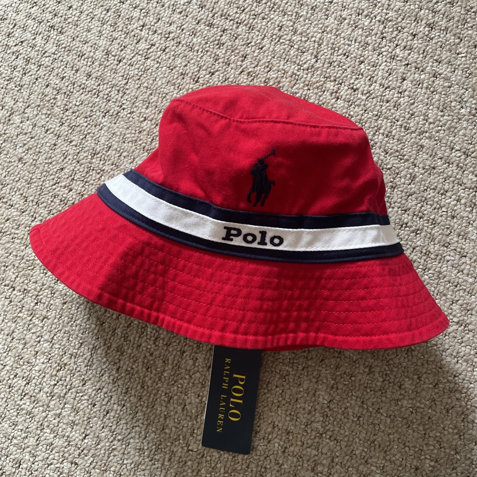 Polo RALPH LAUREN BUCKET HAT RED Pony Logo Stripe Loft White size S M Unisex