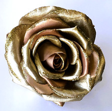 Large 5" Gold Lam  Sparkle Rose Silk Flower Hair Clip Wedding Bridal Holiday