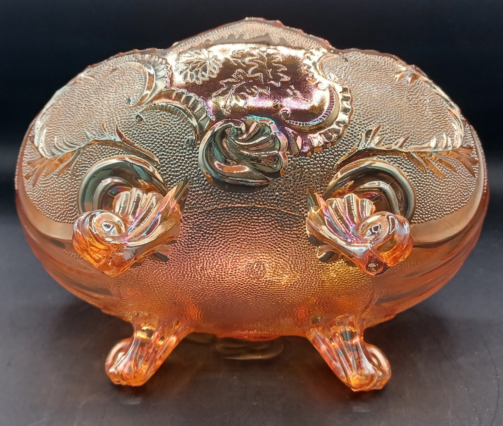 Vintage Lombardi 4 Toed Iridescent 10" Flora Gold Bowl By Jeannette