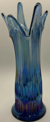 VTG Fenton Blue, Iridescent Diamond & Rib Swung Vase, 10” Tall