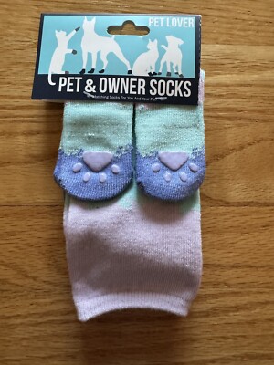 2 Pet & 1 Owner Socks Green Blue Pink Paw Prints NEW Matching Size 9-11 Adult