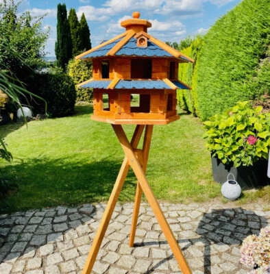 DARLUX Vogelvilla XL mangiatoia esagonale doppio piano voliera + supporto Br/blu