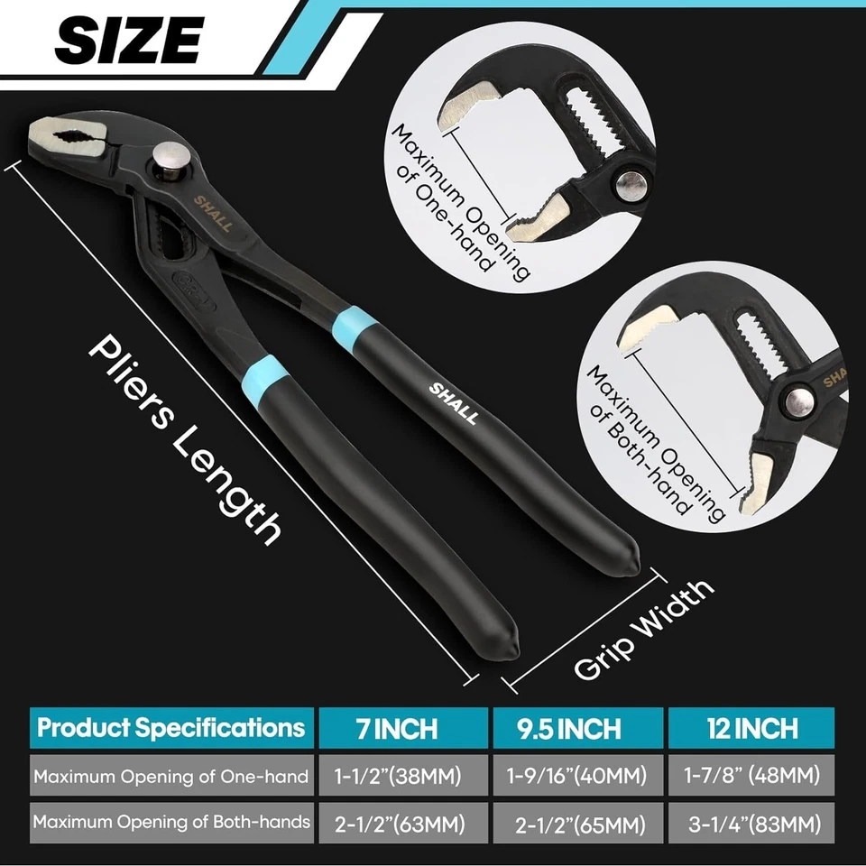 SHALL 3PC Groove Joint Pliers Set 12, 9-1/2, 7 Inch,Push-Lock Water Pump Pliers - Image 2 of 4