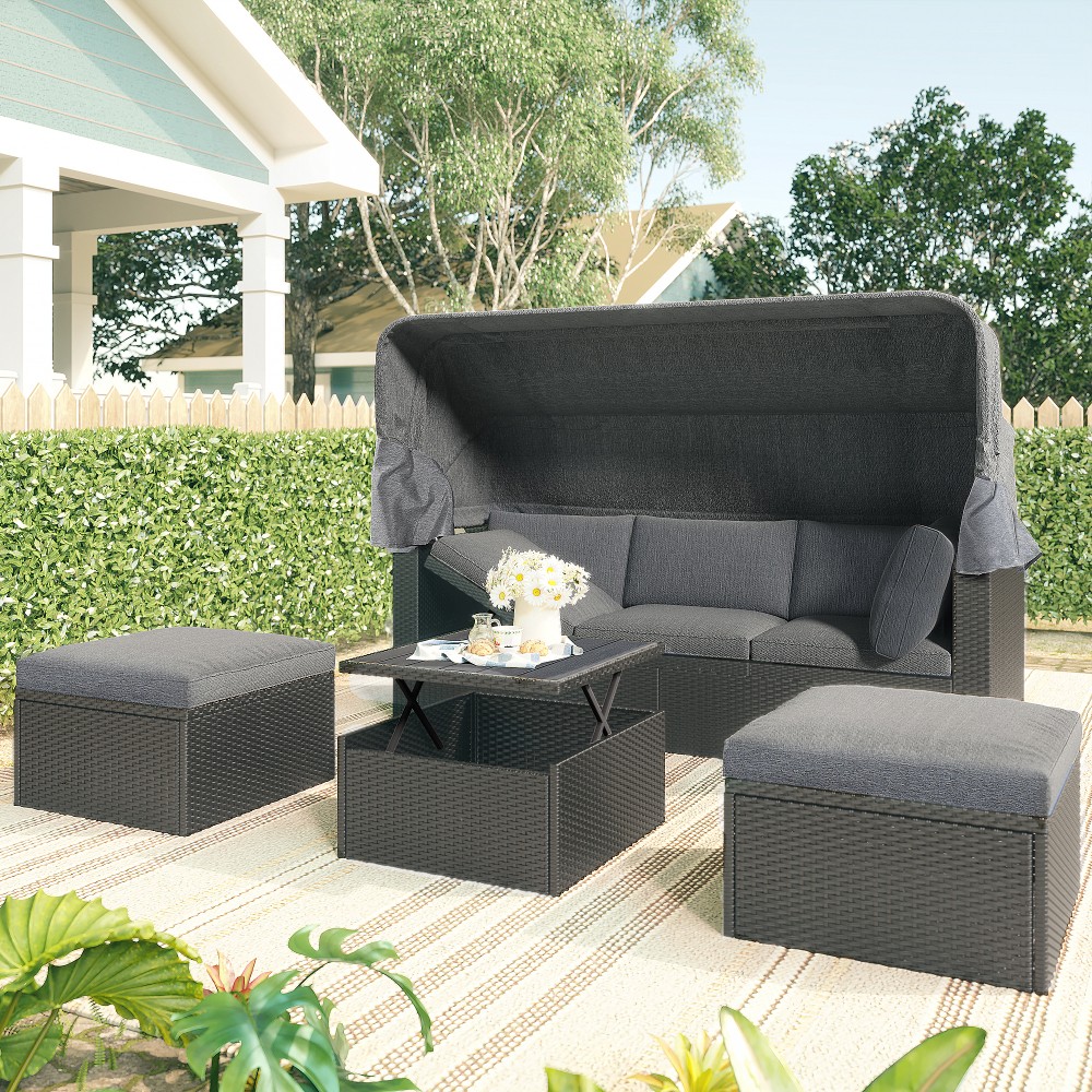  Outdoor Daybed Sectional Patio Furniture Wicker Conversation Set w/Ottoman