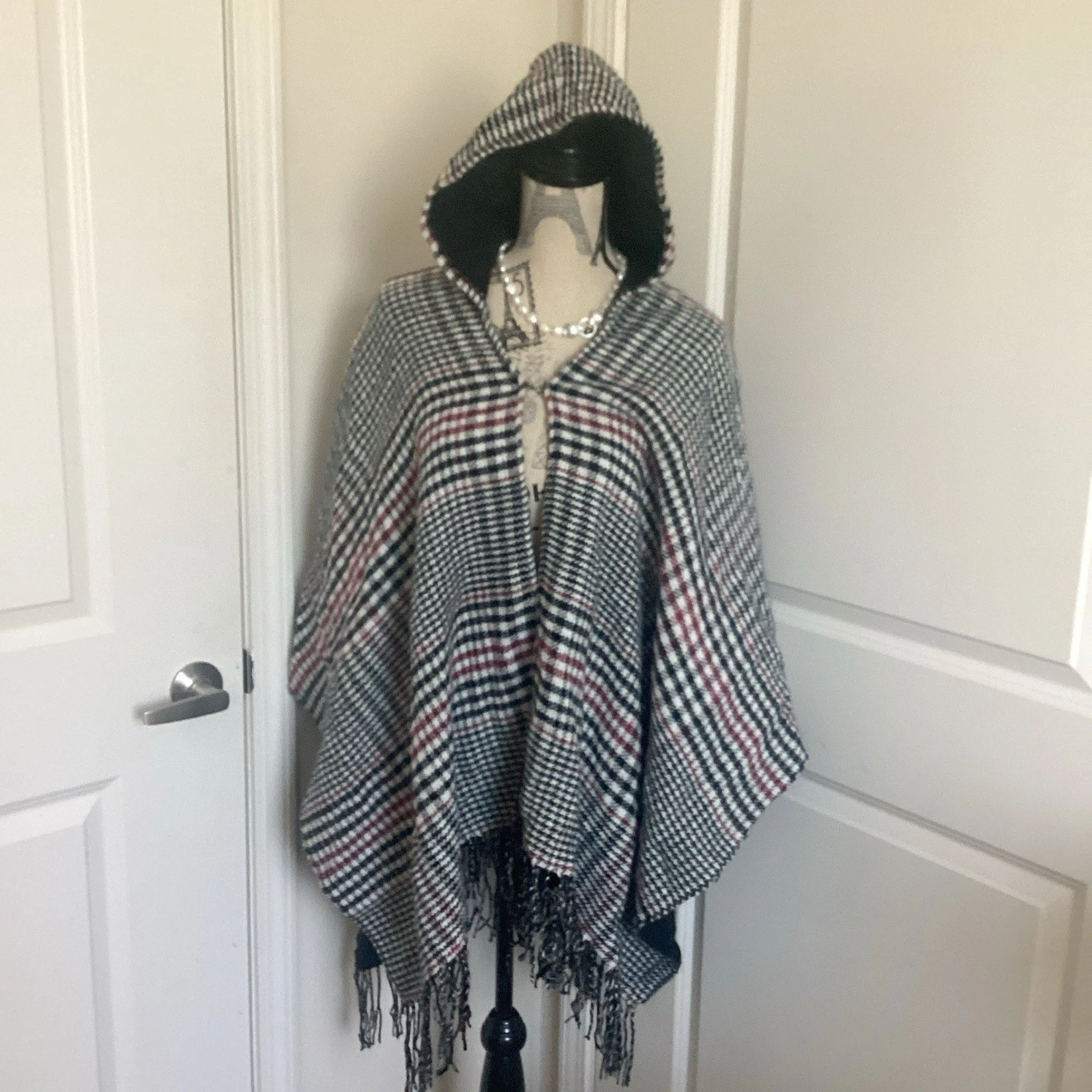 Juicy Couture Black Grey Red plaid Poncho Cape with fringes NWOT One Size