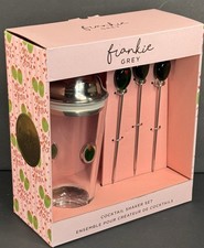 Frankie Grey Cocktail Shaker Set Green Olive Picks Stir Sticks Boxed Barware