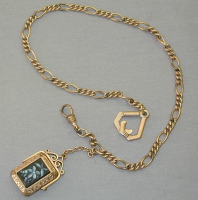 FAB Pocket Watch Chain & Spinner FOB GF Enamel Painted Onyx & Agate