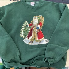 Vintage 90's Green Santa Glitter Christmas Holiday Crewneck XL Made In USA