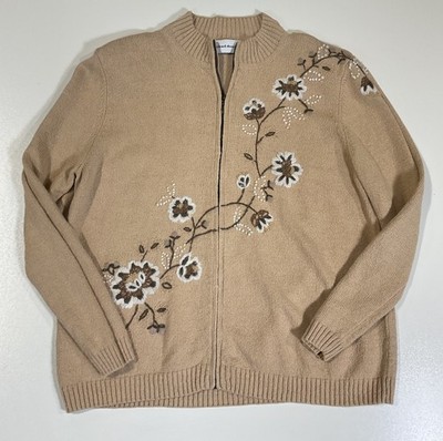 Vintage Alfred Dunner  Zip Up Cardigan Sz L Floral Embroidery Grandma Cottage