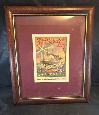  Vintage Red Star Lines Travel Postcard Antwerp New York Philadelphia Framed