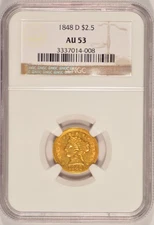 1848-D $2.50 Liberty Gold Quarter-Eagle Coin NGC AU53 Dahlonega Mint
