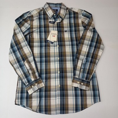 Chaps Easy Care Woven Shirt Men's S Small Ivory Plaid Stretch Classic Fit