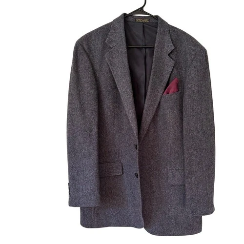 Oscar de la Renta Vintage Men's 44L Herringbone Tweed Blazer Sport Coat Gray - product listing photo