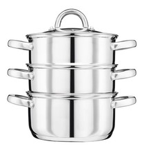 Image of Cooks Professional 3 Tier Stainless Steel Steamer Pan Induction Glass Lid 20cm