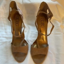 BCBG Paris Tan Suede Strappy T Bar Open Toe Heels W/Rose Gold Accents 9 1/2B