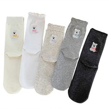 Ballet-Style Embroidered Bear Socks for Women - Mid-Calf Length for Spring L2C7