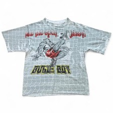 Vintage 90s Bugle Boy Gym Shark Soccer Graphic AOP Sports T-shirt Youth XL 18x22
