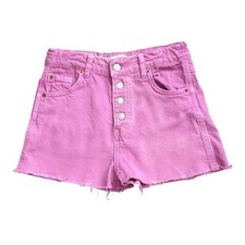 Zara Girls Pink Jean Shorts Button Fly Raw Hem Cutoff Size 11-12 Adj Waist