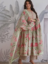 Women's Pure Cotton Hand  Adda Work Anarkali Kurta Pant Dupatta Set