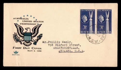 DR WHO 1955 AUSTRALIA FDC USA MEMORIAL ROYAL CACHET PAIR w8372