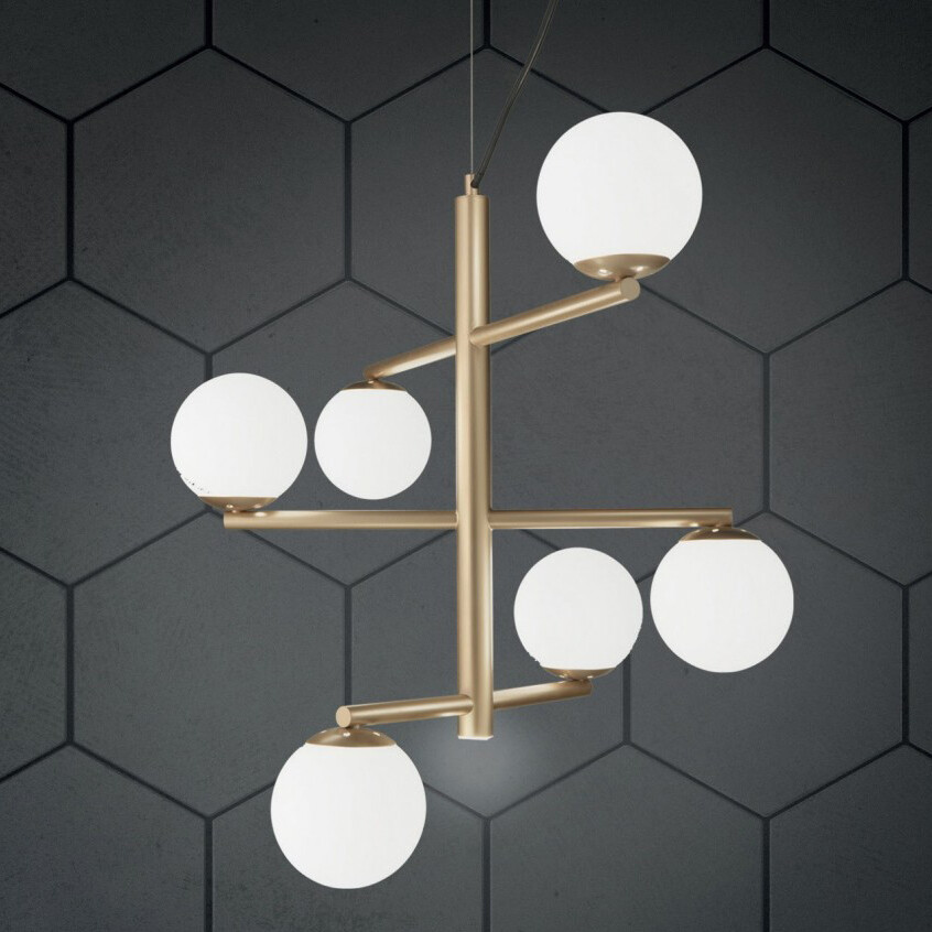 Hängeleuchten Modern 6 Lichter Metall Gold Mit Kügelchen Glas Geblasen
