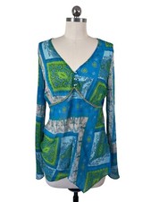 Y2K Nine West & Company Tunic Blouse Womens 12 Blue Green Geometric Artsy Boho