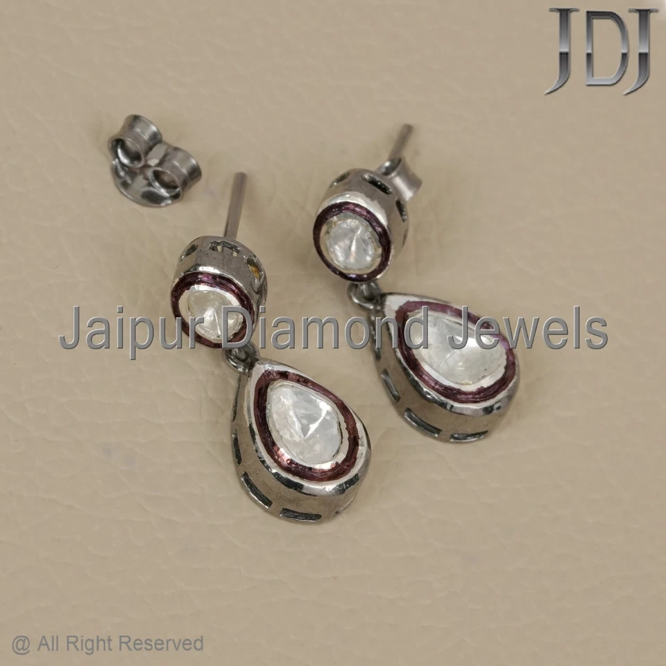 Natural Rosecut Polki Diamond 925 Sterling Silver Handmade Jewelry Earring - Image 4 of 4