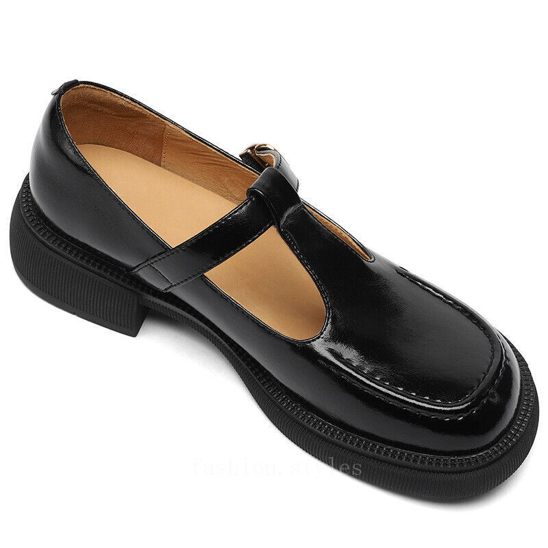 Women Leather Mary Jane Shoes T-strap Round Toe Platform