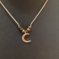 Dainty gold tone plated crescent moon necklace with tiger eye 16"