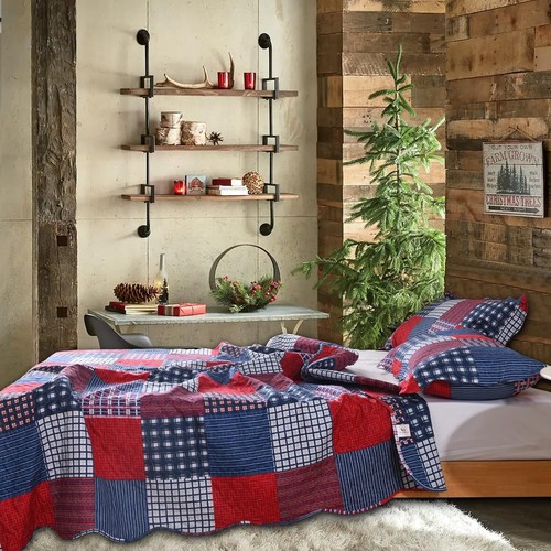 King Size Plaid Patchwork Quilt Bedding Set Red Blue Lightweight Cozy Coverlet - Bild 4 von 8