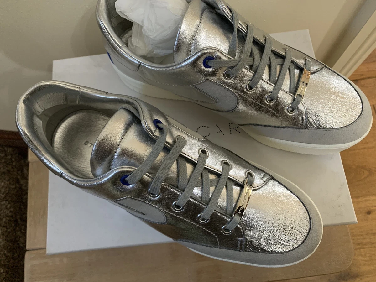 STELLA MCCARTNEY FAUX VEGAN LEATHER METALLIC SILVER SNEAKERS TRAINERS SIZE 8