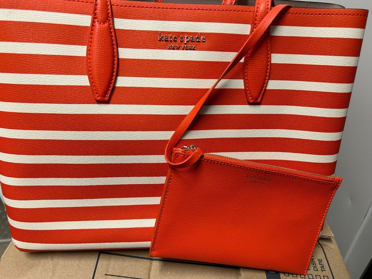 新品未使用　ケイトスペード Kate Spade All Day Sailing Stripe Large Tote Orange White Pouch