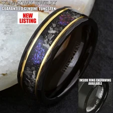Custom Engraved Black Tungsten Carbide w/ Faux Meteorite Blue Galaxy Band Ring