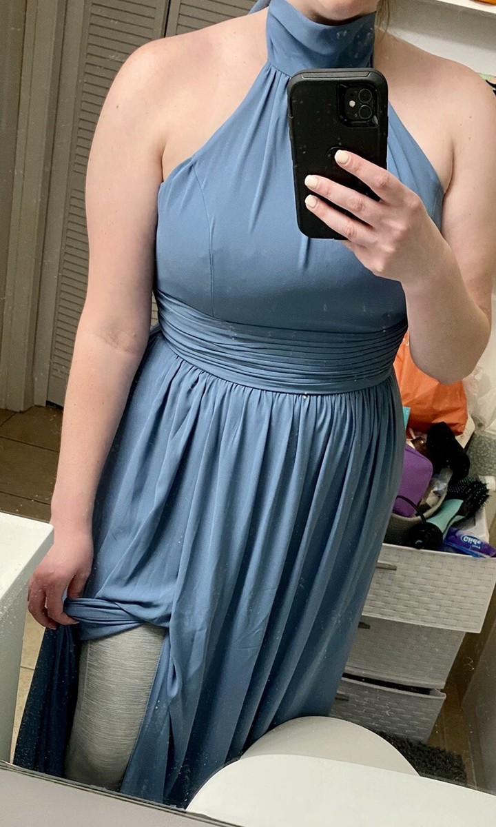 Tie Mock Neck Halter Style Ruched Steel Dusty Blue Bridesmaid Dress Size 14  | eBay