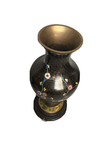 Rare Black Pair of Chinese 9.5" Cloisonné Vases Floral Motif With Wooden Stands - Picture 3 of 12