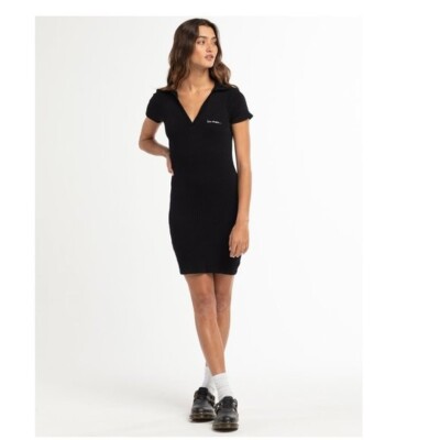 Ribbed Knit V-Neck Polo Dress Black Above Knee Casual M iets frans NEW 