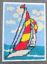 Vintage Sailboat Wall Hanging Latch hook Shag rug Carpet BOHO Art Nautical 27x20