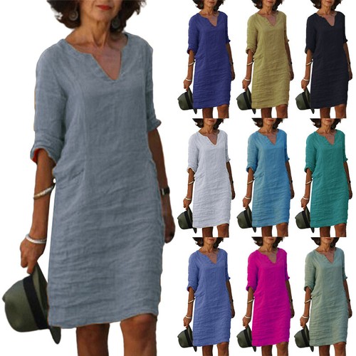 Womens V Neck Linen Midi Dress Ladies 