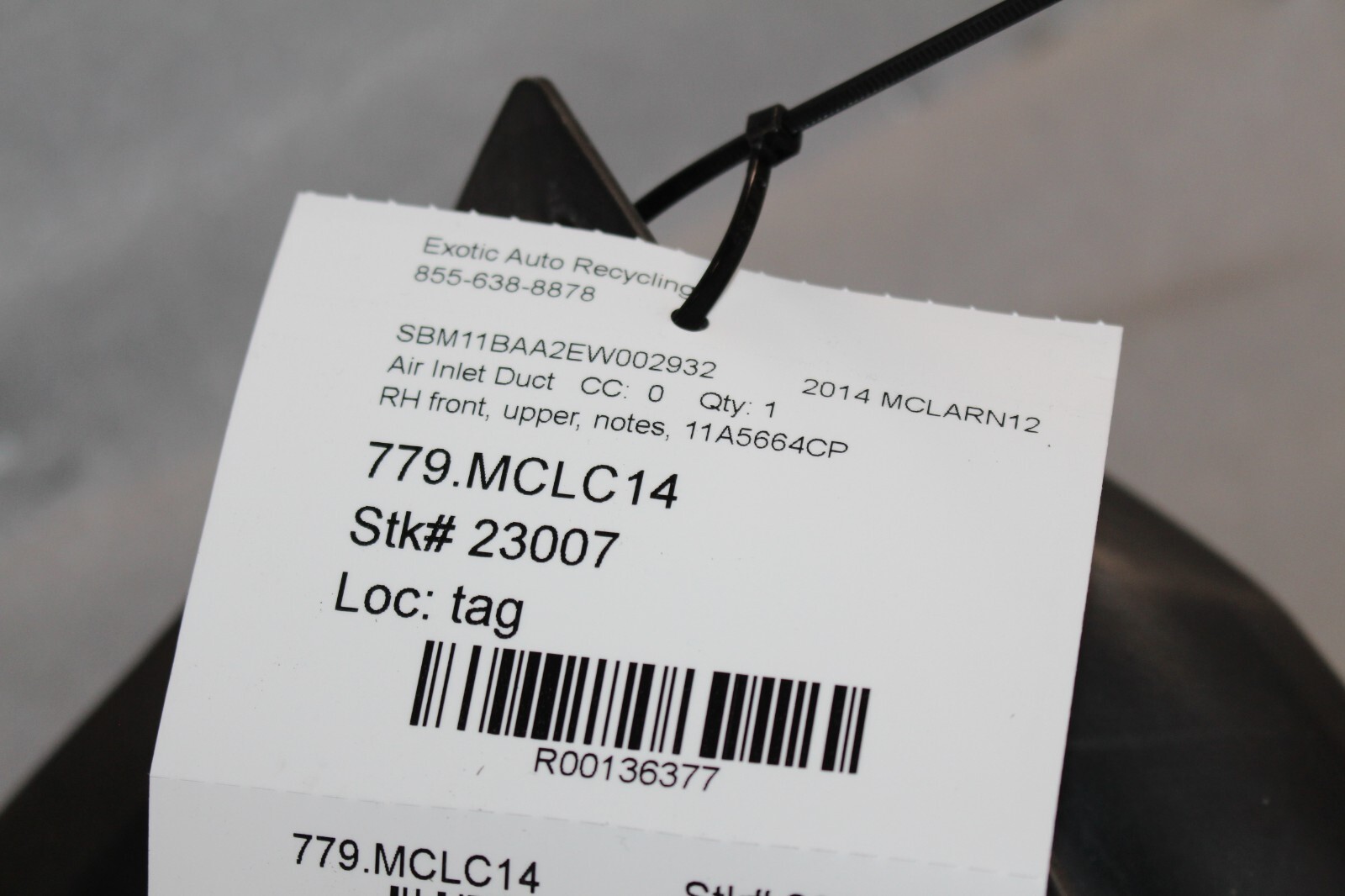 McLaren MP4-12C, RH, Right, Front Upper Air Duct, Cracked, Used, P/N 11A5664CP