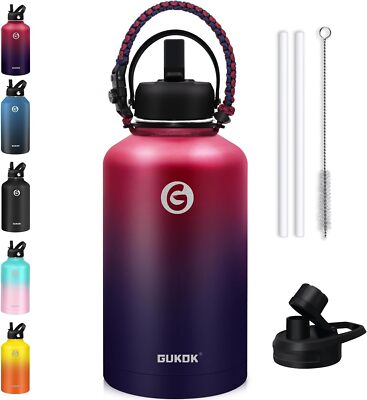 64 Oz Insulated Water Bottle with Straw & Paracord Handles & 2 Lids, Leak Proof 