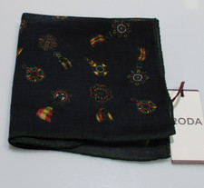 Roda NWT 100 Wool Pocket Square In Black w/ Red, Yellow  Green Medals
