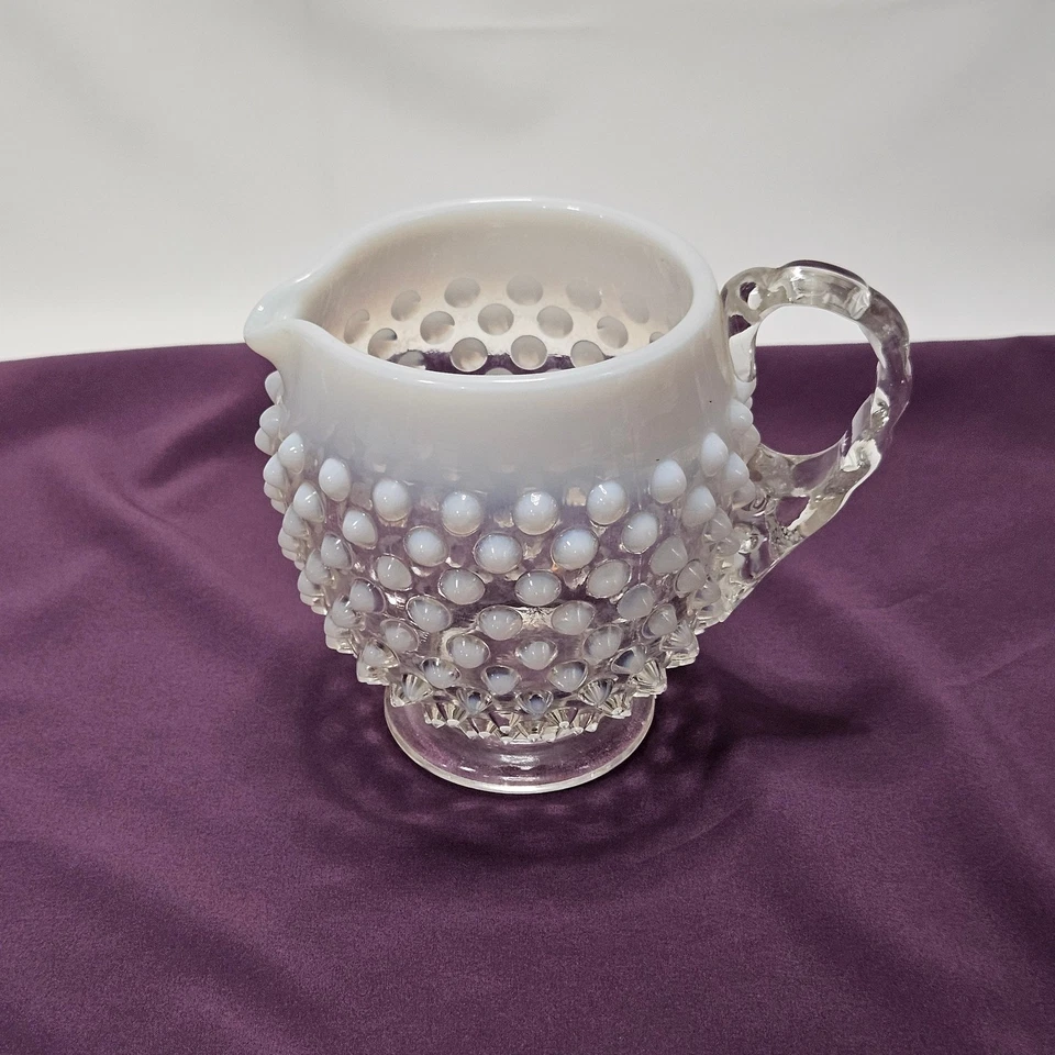 Fenton Opalescent white Hobnail small  glass footed vintage pitcher, 4.5" x 5.5" - Image 4 of 4
