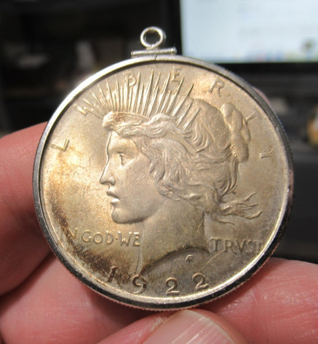 1922 US Peace Silver Dollar Coin in Frame for Necklace