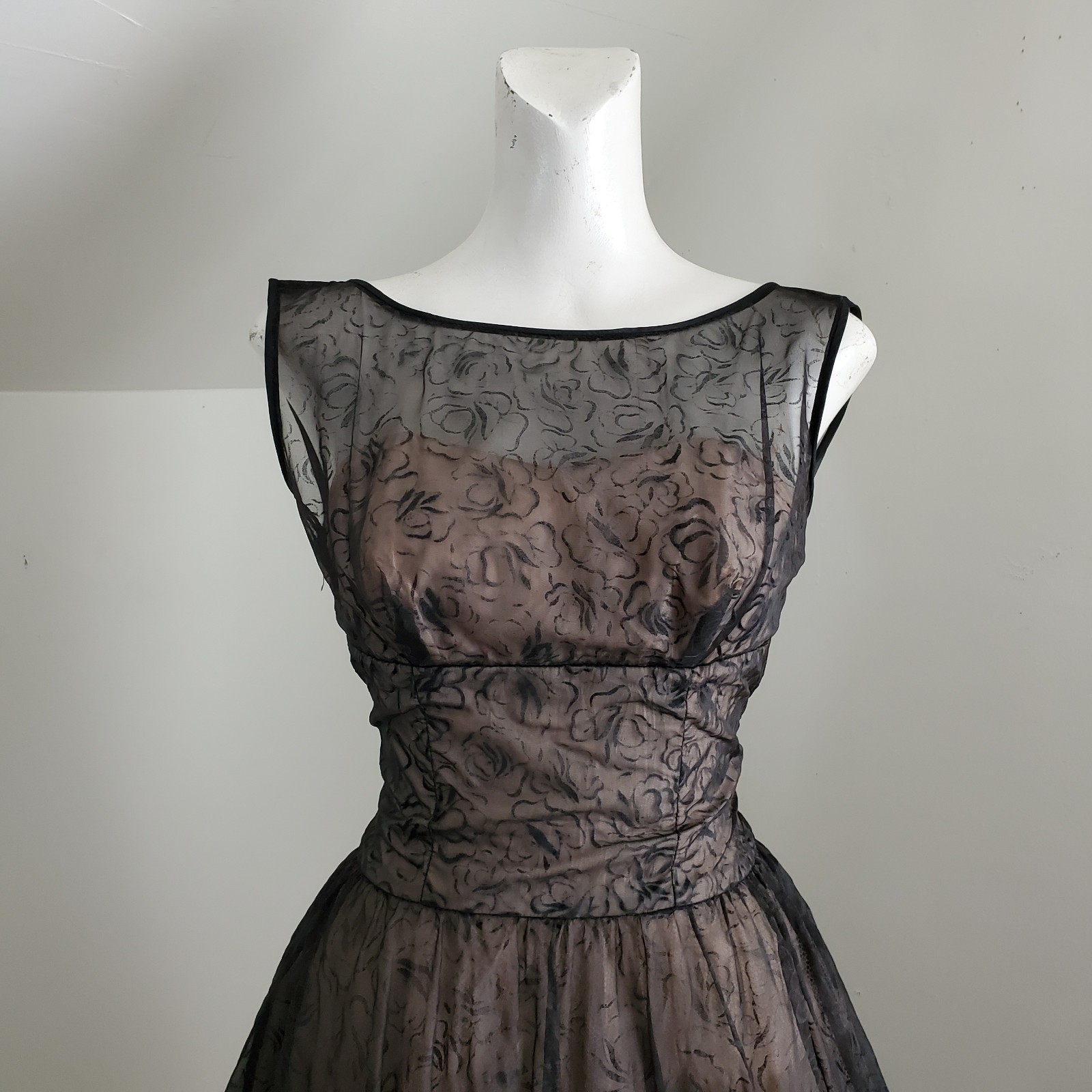 50s 60s Vtg Flocked Black Rose Party Dress - image 3