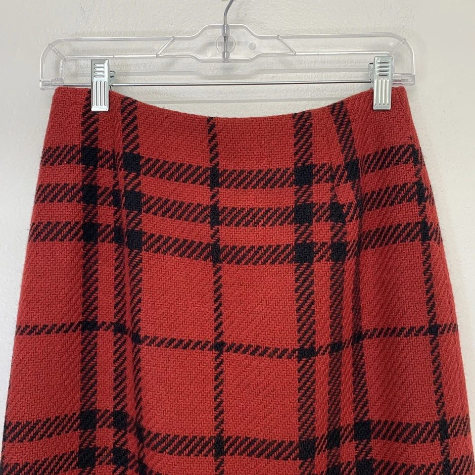 Vintage Harolds Red Plaid Skirt Wool Lined Sz 4 Midi Back Slit Preppy Office USA - Image 2 of 4