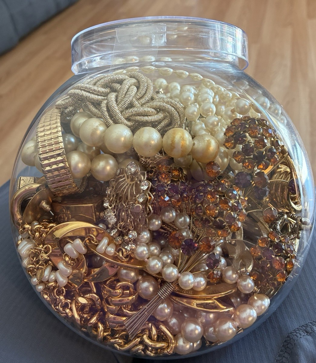 Vintage Mystery Jewelry Jar Signed Gold And Pearl Themed| Over LBS!