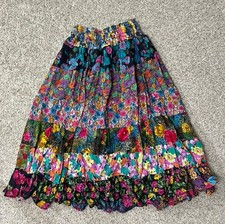 Colorful Floral Patchwork Boho Skirt Elastic Waist Flowy Vintage Style