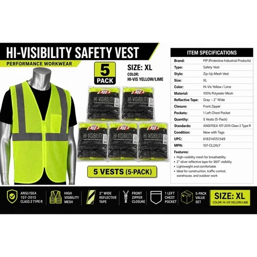 PIP Hi-Visibility Safety Vest 5-Pack XL Lime Yellow Mesh ANSI Class 2 107-CL2XLY - product listing photo