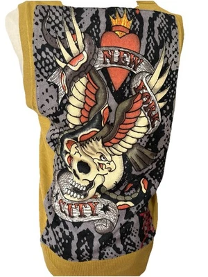 Rare Vintage Ed Hardy by Christian Audigier Skeleton V-neck XL Mustard Vest New - Image 1 of 4