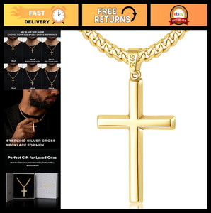 Authentic Sterling Silver Cross Necklace for Men, Gold Plated with Cuban Link Chain 16-26